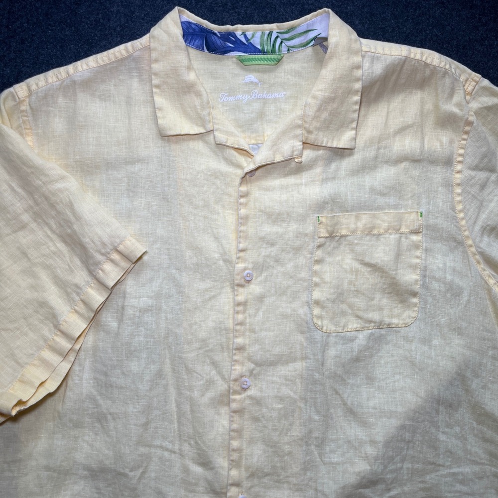 Tommy Bahama Button Down Mens XXL Yellow Excellent 100% Linen Short Sleeve Shirt